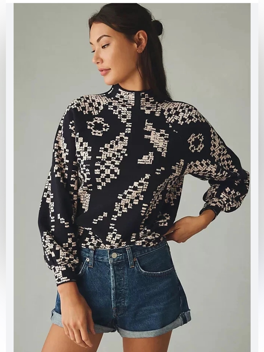 Anthropologie Bkue and Cream Geometric Mock-Neck Sweater